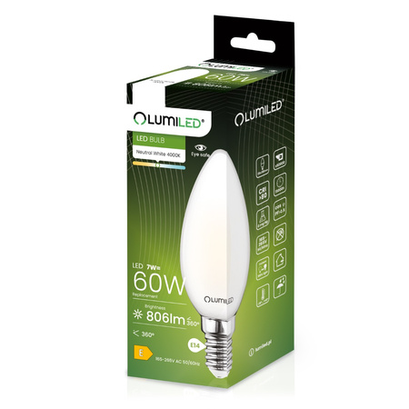 6x Žárovka LED Svíčka B35, E14 7W = 60W 806lm 4000K neutrální bílá 360° Filament Mléčná LUMILED