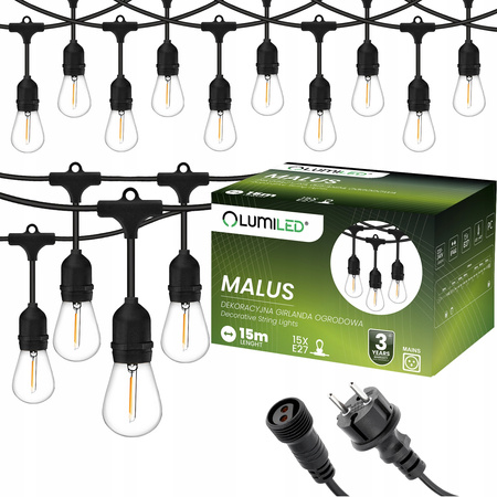 Venkovní řetěz 15m, 15x E27 + Žárovky LED 1W Teplá bílá MALUS LUMILED