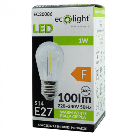 LED žárovka Edison S14 E27 1W 100lm 2700K teplá bílá FILAMENT Ecolight
