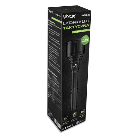 Taktická dobíjecí vojenská LED svítilna ruční USB XHP9090 3000lm dlouhá Pro VA0043 Vayox