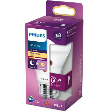 LED žárovka E27 A60 7.5W = 60W 806lm 2700K Teplá bílá 250° se soumrakovým senzorem PHILIPS