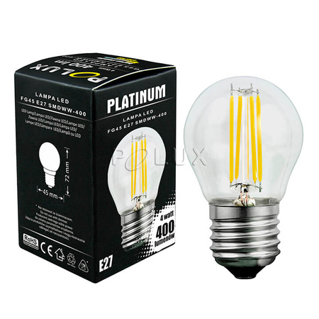 LED žárovka E27 P45 4W = 35W 400lm 3000K Teplá bílá 360° vlákno GOLDLUX (Polux)