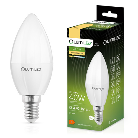 Žárovka LED E14, B35 5W = 40W 470lm 3000K Teplá bílá 180° LUMILED