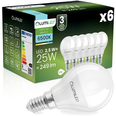 6x Žárovka LED E14, P40 2.5W = 25W 249lm 6500K Studená bílá 180° LUMILED