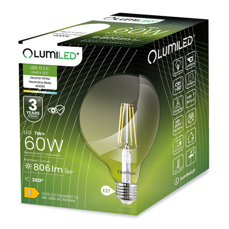 Žárovka Dekorativní Kulka LED E27, G125 7W = 60W 806lm 4000K Neutrální bílá 360° Filament globe LUMILED