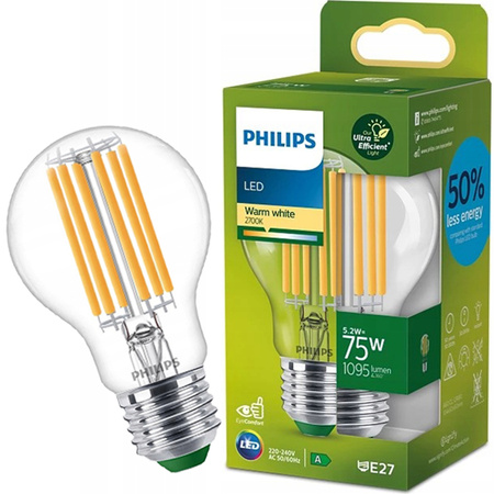 LED žárovka E27 A60 5.2W = 75W 1095lm 2700K Teplá bílá vlákno PHILIPS Ultra Efficient