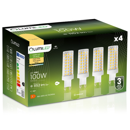 4x Žárovka LED G9, KAPSLE 12W = 100W 1152lm 3000K Teplá bílá 360° LUMILED
