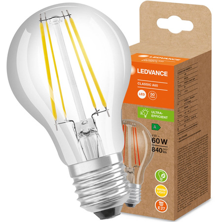 LED žárovka E27 A60 4W = 60W 840lm 3000K Teplá bílá 300° Filament LEDVANCE Ultra Efficient