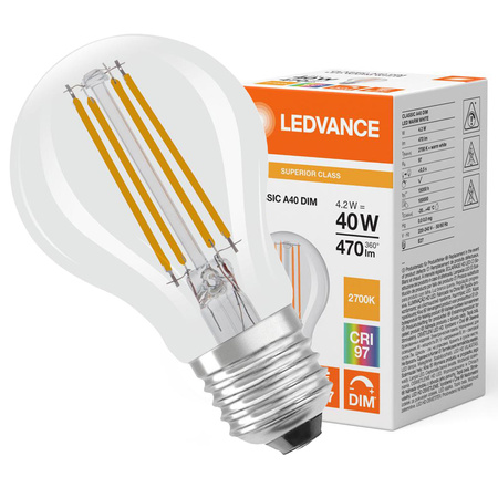 LED žárovka A60 E27 4,2W = 40W 470lm 2700K Teplá bílá FILAMENTNÍ STMÍVATELNÁ LEDVANCE