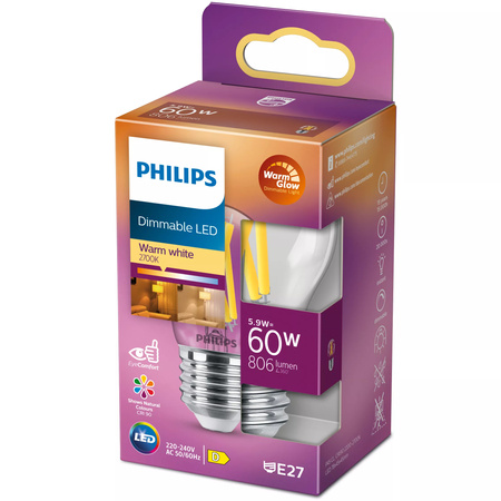 LED kulová žárovka E27 P45 5.9W = 60W 806lm 2700 Teplá bílá vlákno PHILIPS Stmívatelné