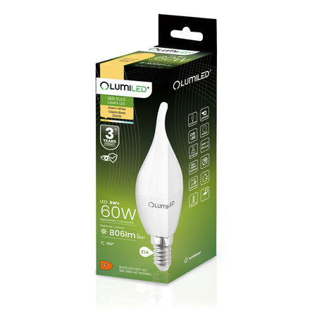 6x Žárovka LED E14, BA35 8W = 60W 806lm 3000K Teplá bílá 180° LUMILED