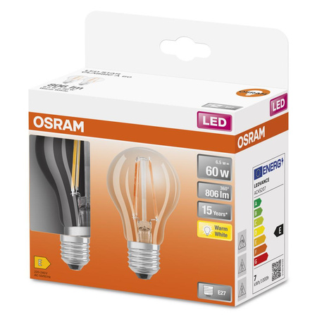2x LED žárovka E27 A60 6.5W = 60W 806lm 2700K Teplá bílá 300° Vlákno OSRAM STAR