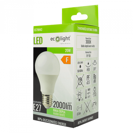 LED žárovka A60 E27 20W 1800lm 3000K teplá bílá Ecolight