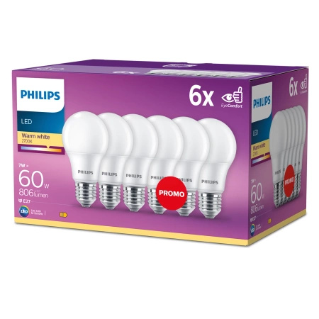 6x LED žárovka E27 A60 7W = 60W 806lm 2700K teplá bílá 150° PHILIPS