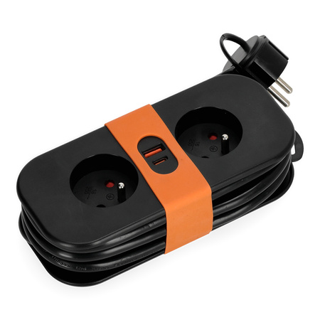 FlowFlexer Orange 2x230V + USB-A/USB-C 16A 3680W 1,4m prodlužovací kabel s uzemněním Kobi