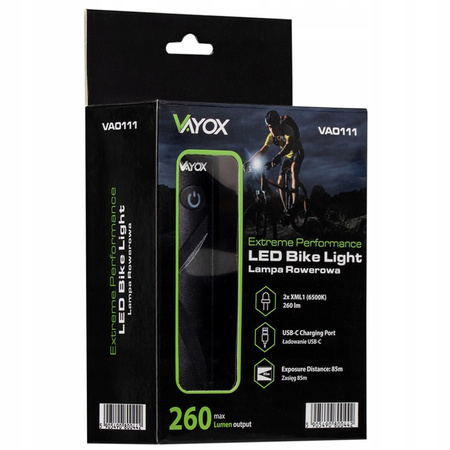 Svítilna LED Cyklistická svítilna Držák USB-C 5 režimů 260lm IPX6 VAYOX