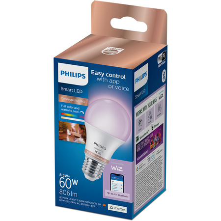 LED žárovka E27 A60 8,5W = 60W 806lm 2200-6500K RGB + TW Smart SMART WiFi Bluetooth App WiZ Philips
