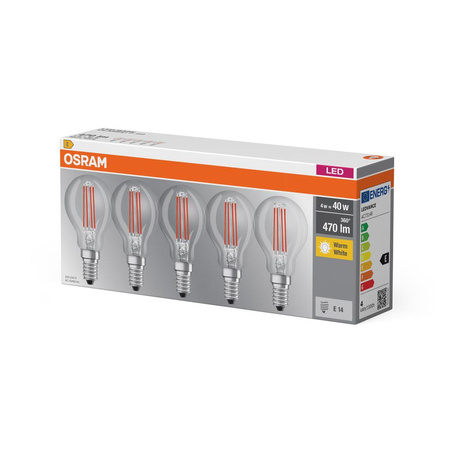 5x LED žárovka E14 P45 4W = 40W 470lm 2700K Teplá bílá Filament OSRAM Base