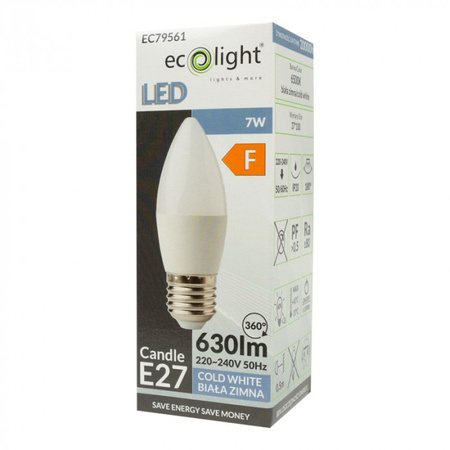 LED žárovka svíčka B37 E27 7W 630lm 6500K studená bílá Ecolight