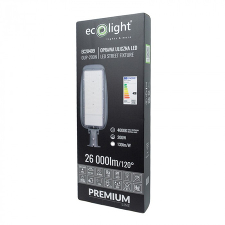 LED pouliční osvětlení 200W 26000lm 4000K neutrální IP65 130lm/W PREMIUM Ecolight
