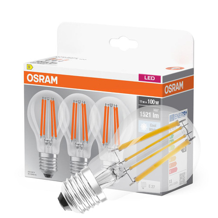 3x LED žárovka E27 A60 CL 11W = 100W 1521lm 4000K neutrální bílá 300° vlákno OSRAM BASE