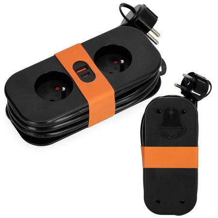 FlowFlexer Orange 2x230V + USB-A/USB-C 16A 3680W 1,4m prodlužovací kabel s uzemněním Kobi 