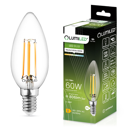 6x Žárovka LED Svíčka B35, E14 7W = 60W 806lm 4000K Neutralní bílá 360° Filament LUMILED