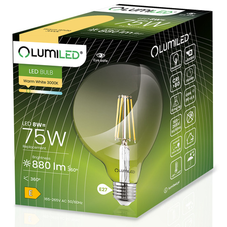 3x Dekorativní Kulatá Žárovka LED E27, G95 8W = 75W 880lm 3000K Teplá bílá 360° Filament Globe LUMILED