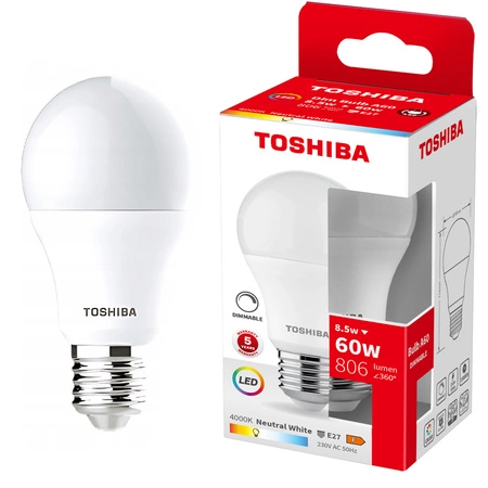 LED žárovka E27 A60 8,5W = 60W 806lm 4000K neutrální bílá stmívatelná TOSHIBA