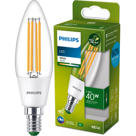 LED žárovka na svíčku E14 B35 2,3W = 40W 485lm 3000K teplá bílá vlákno PHILIPS Ultra Efficient