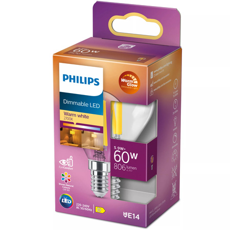LED kulová žárovka E14 P45 5.9W = 60W 806lm 2700 Teplá bílá vlákno PHILIPS Stmívatelné
