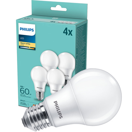4x LED žárovka E27 A60 8W = 60W 806lm 2700K Teplá bílá PHILIPS