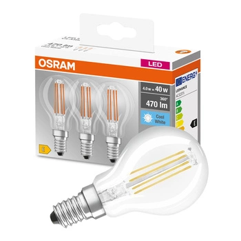 3x LED žárovka E14 P45 4W = 40W 470lm 4000K Neutrální bila 320° OSRAM Base Filament