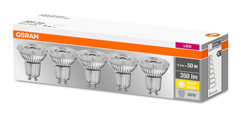 5x LED žárovka GU10 4.3W = 50W 350lm 2700K Teplá bílá 36° OSRAM Základna