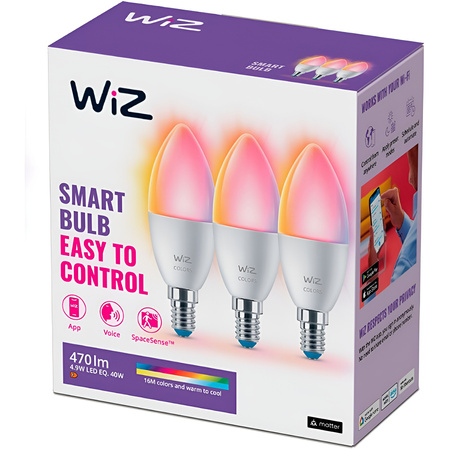 3x LED žárovka E14 Candle C37 4,9W = 40W 470lm 2200-6500K RGB + TW Smart SMART WiFi Bluetooth App WiZ