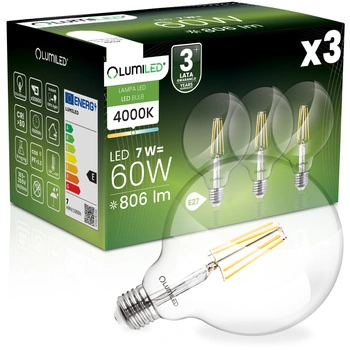 3x LED žárovka E27 Sphere G125 7W = 60W 806lm 4000K Neutral 360° FILAMENT LUMILED
