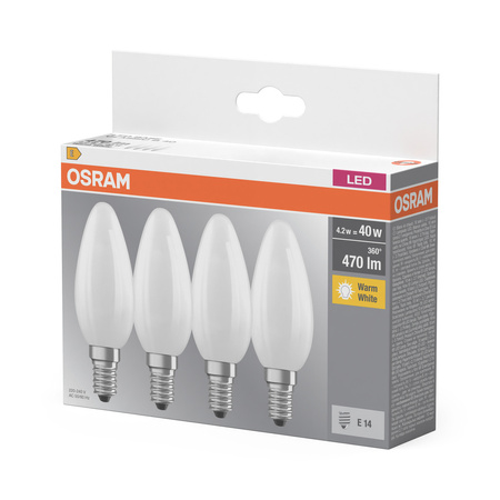 4x LED žárovka B35 Candle E14 4W = 40W 470lm 2700K Warm 300° BASE Osram
