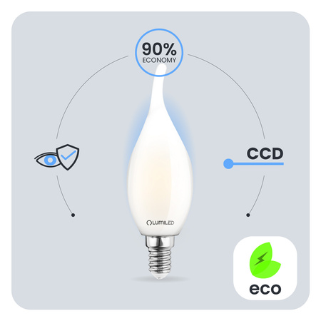 6x Žárovka LED Plamínek BA35, E14 7W = 60W 806lm 3000K Teplá bílá 360° Filament Mléčná LUMILED