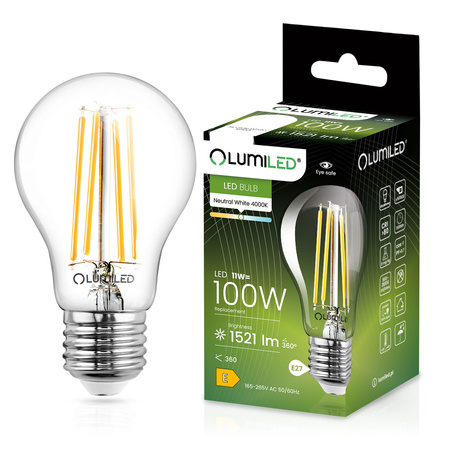 Žárovka LED E27, A60 11W = 100W 1521lm 4000K Neutrální bílá 360° Filament LUMILED