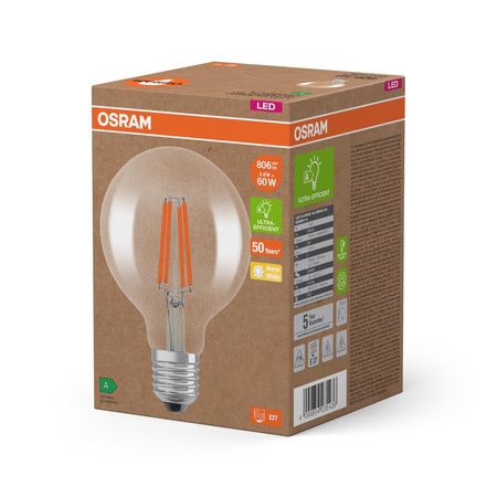 LED žárovka G95 Sphere E27 3,8W = 60W 806lm 2700K Warm 300° Filament CLASSIC ENERGETICKÁ ÚSPORNOST Osram