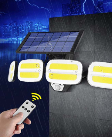 Solární Reflektor 4x COB LED 20W 800lm Studená bílá IP65 pohybový senzor + dálkové ovládání