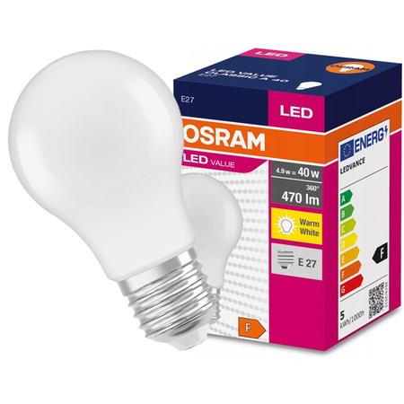 LED žárovka E27 A60 4,9W = 40W 470lm 3000K Warm 200° OSRAM 