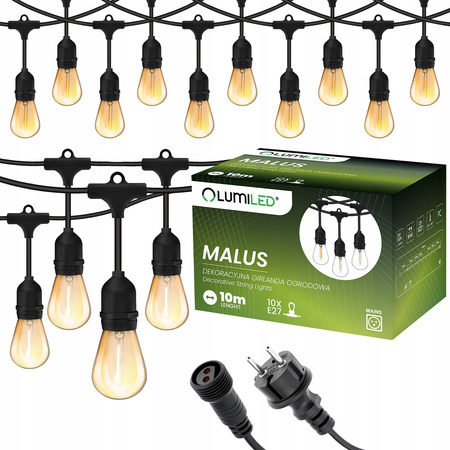 Venkovní řetěz 10m, 10x E27 Žárovky 1.3W 2200K MALUS LUMILED