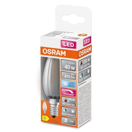 E14 B35 LED žárovka 3.4W = 40W 470lm 4000K Neutrální bila 300° CRI90 Filament OSRAM SUPERSTAR+ Stmívatelné