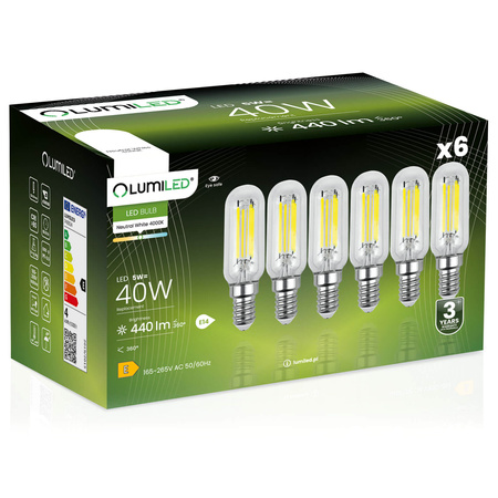 6x Žárovka LED lednička E14, T25 4W = 40W 440lm 4000K neutrální bílá Filament LUMILED