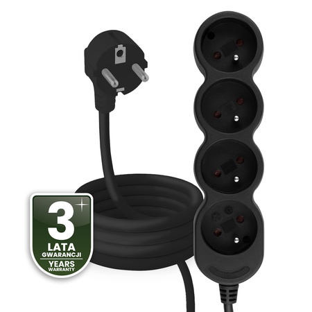 Síťový prodlužovací kabel Uzemněný napájecí pásek 4 zásuvky 3m Černý kabel Lendo Lumiled
