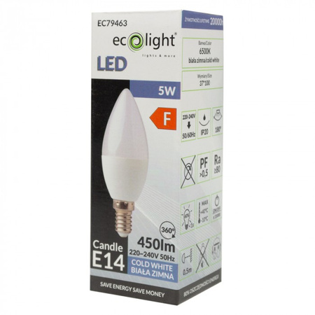LED žárovka Candle B37 E14 5W 450lm 6500K Cold Ecolight