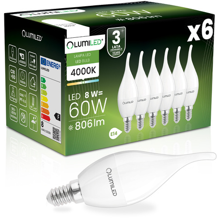 6x Žárovka LED E14, BA35 8W = 60W 806lm 4000K Neutrální bílá 180° LUMILED