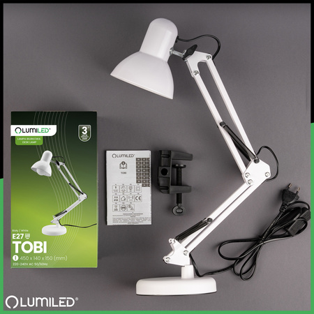 Stolní lampa E27, Bílá + držák na stůl TOBI LUMILED