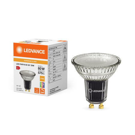 LED reflektorová žárovka GU10 PAR16 8,3W = 80W 575lm 2700K Warm 36° CRI97 Stmívatelná Ledvance